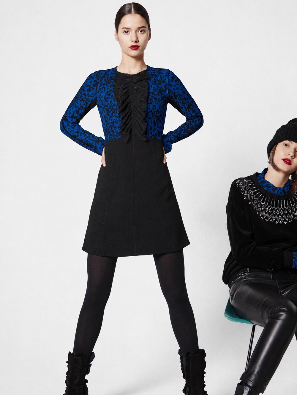 Sonia Rykiel Leopard Print Dress Blue Black A-Line